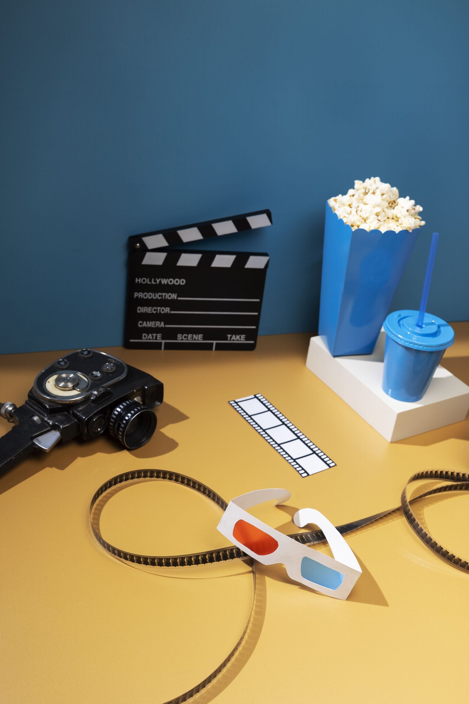 3d glasses clapper board movies high angle min